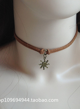 日系复古原宿风韩国皮绒绳黑色项圈太阳女神短款项链黄咔锁骨链女