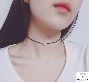 手工定制日韩原宿黑色蜡绳项链简约小清新白色珍珠蕾丝项圈锁骨链