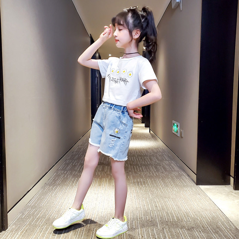 韩版高腰牛仔短裤女童宽松显瘦松紧腰百搭阔腿裤子大女孩夏季裤子
