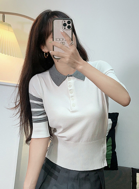 夏季新款tb四杠条纹翻领短袖针织衫女修身显瘦白色小香风上衣polo