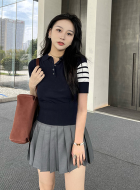 tb小香风短袖翻领polo衫学院冰丝上衣女蓝色半袖针织衫女灰色新款