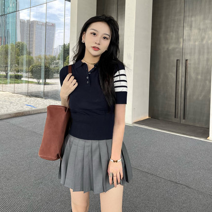 tb小香风短袖翻领polo衫学院冰丝上衣女蓝色半袖针织衫女灰色新款