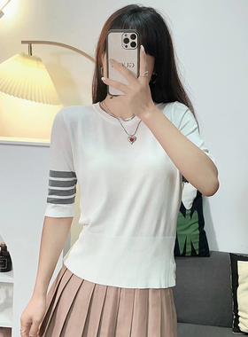 圆领针织短袖T恤女士2025春秋新款修身白色内搭正肩tb打底衫上衣