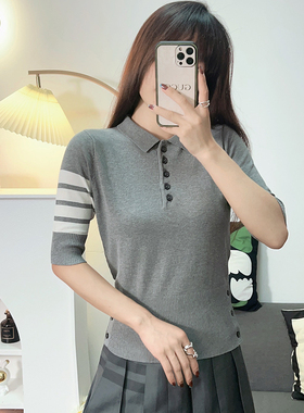 夏季tb翻领POLO衫条纹针织冰丝薄短袖T恤女士灰色打底上衣小香风