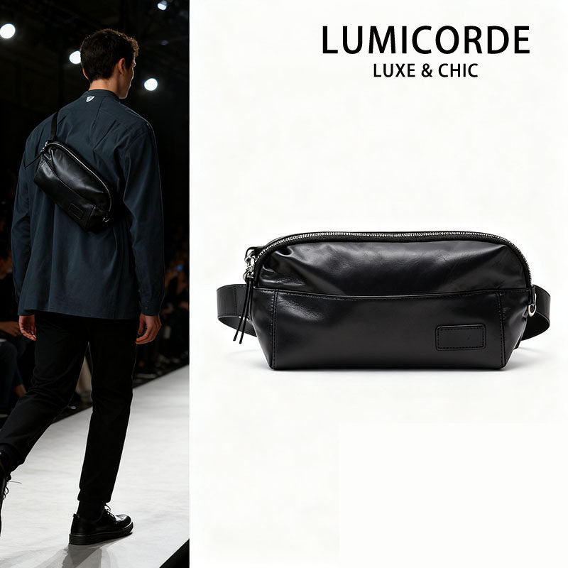 Lumicorde简约风头层牛皮男士斜挎包大容量真皮胸包黑色休闲男包