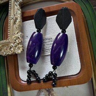 丹麦Monies风木质手工耳饰中古vintage天然紫云母天珠耳环925银针