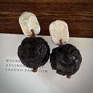 Monies风天然沉香雕刻狐狸花球巴洛克珍珠夸张木质耳钉手工耳环