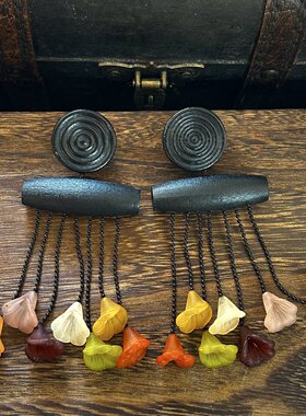 Monies风木质手工耳环美拉德系彩色百合花流苏复古夸张个性耳饰