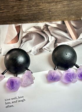 丹麦Monies木质手工耳环中古vintage天然紫水晶晶牙复古夸张耳饰