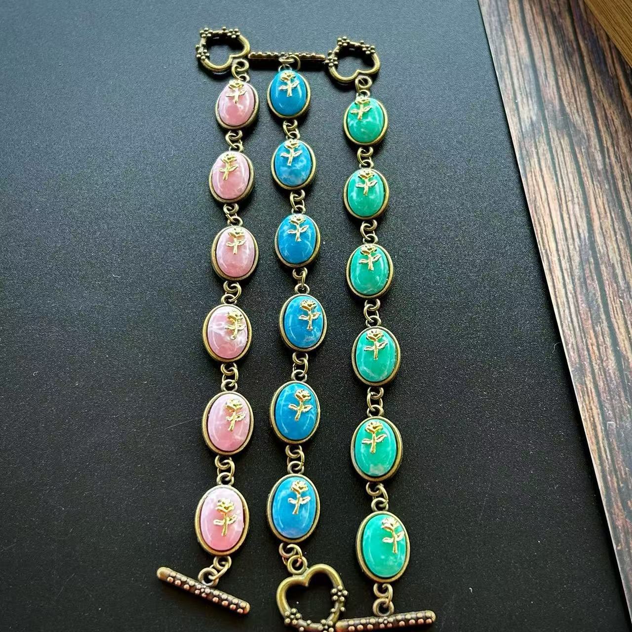 中古vintage复古风天然石镶嵌玫瑰花手链气质小众彩色多巴胺手链