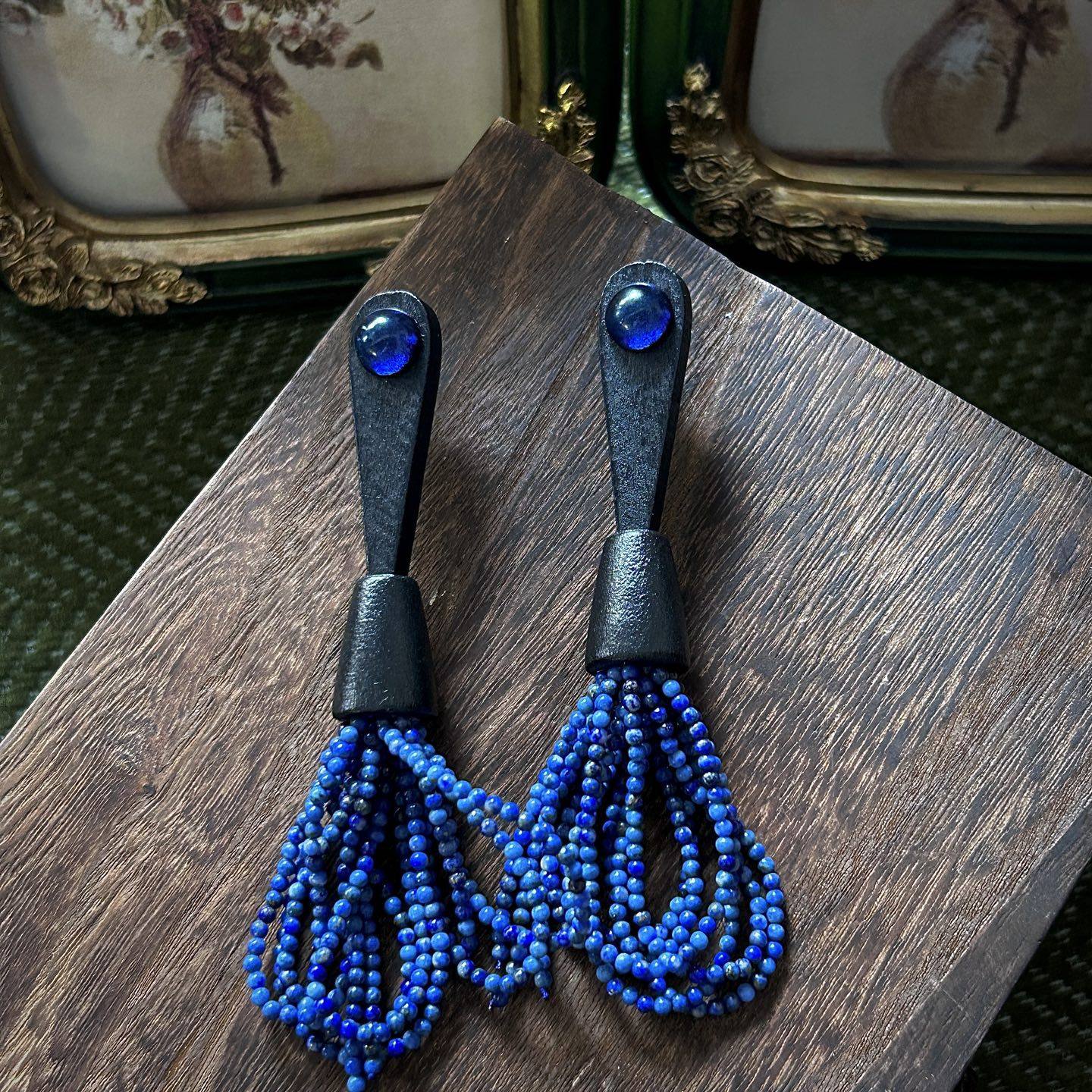 Monies风木质手工耳环天然青金石小米珠流苏夸张个性耳饰925银针