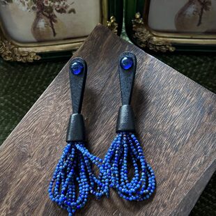 Monies风木质手工耳环天然青金石小米珠流苏夸张个性耳饰925银针