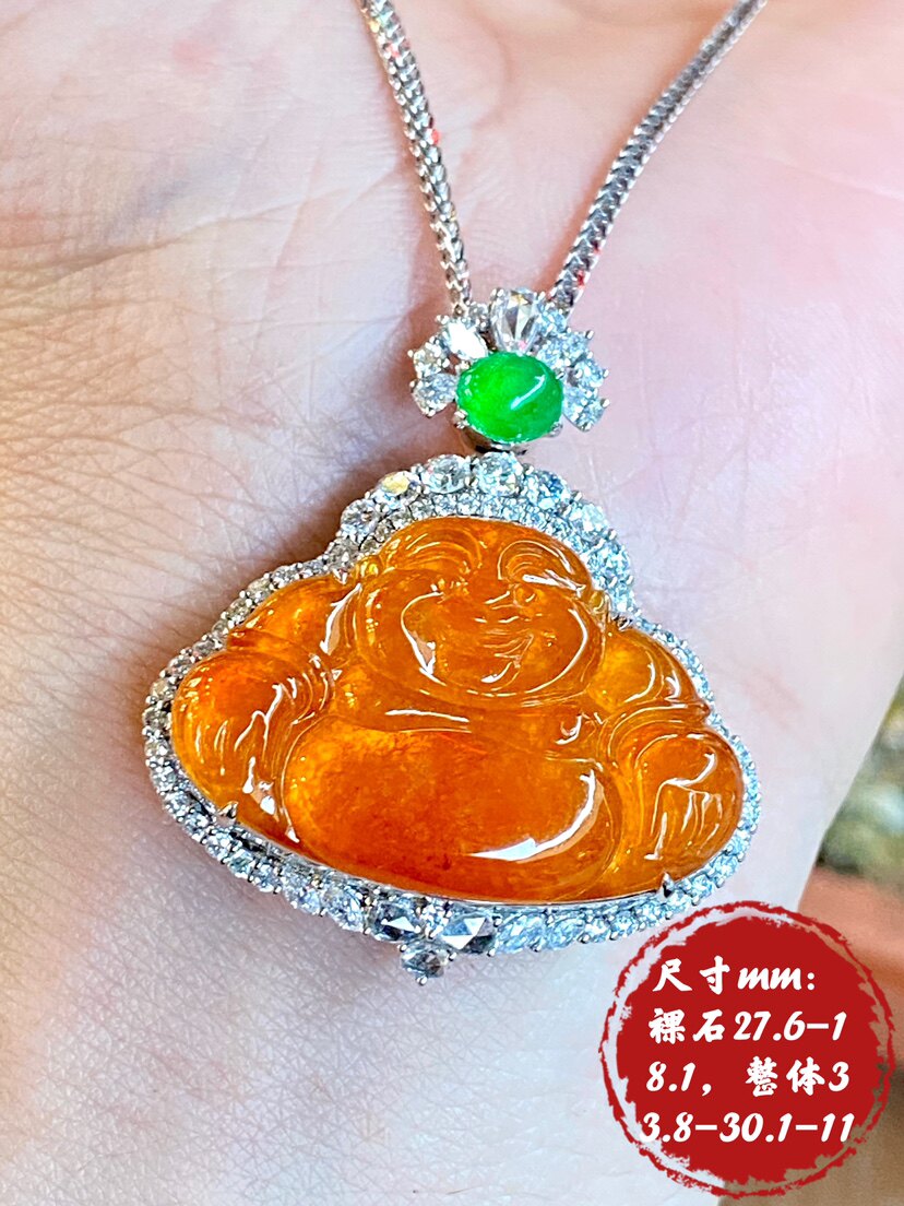 多喜乐，长安宁！天然A货翡翠老坑冰种红翡佛公坐佛钻石18k金吊坠