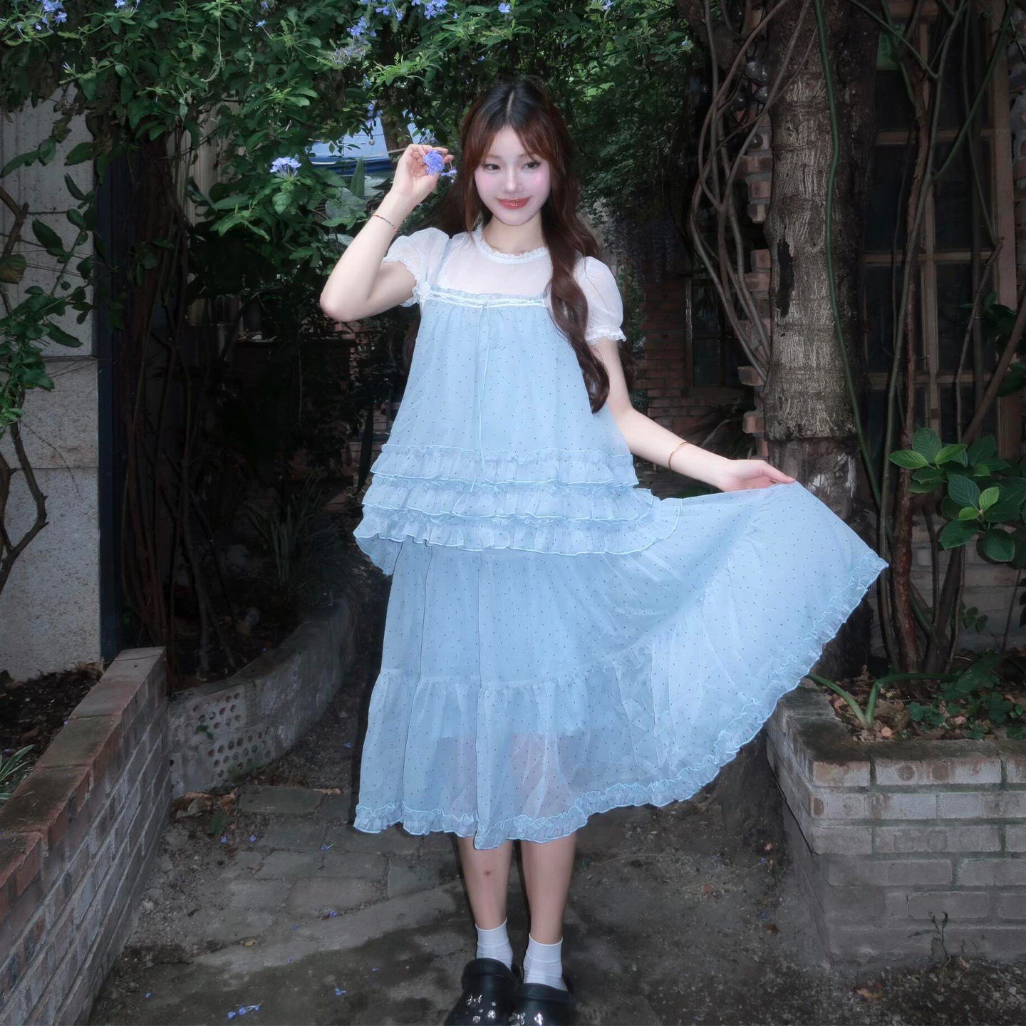温柔风蕾丝花边吊带上衣波点半身裙女夏甜美木耳边两件套