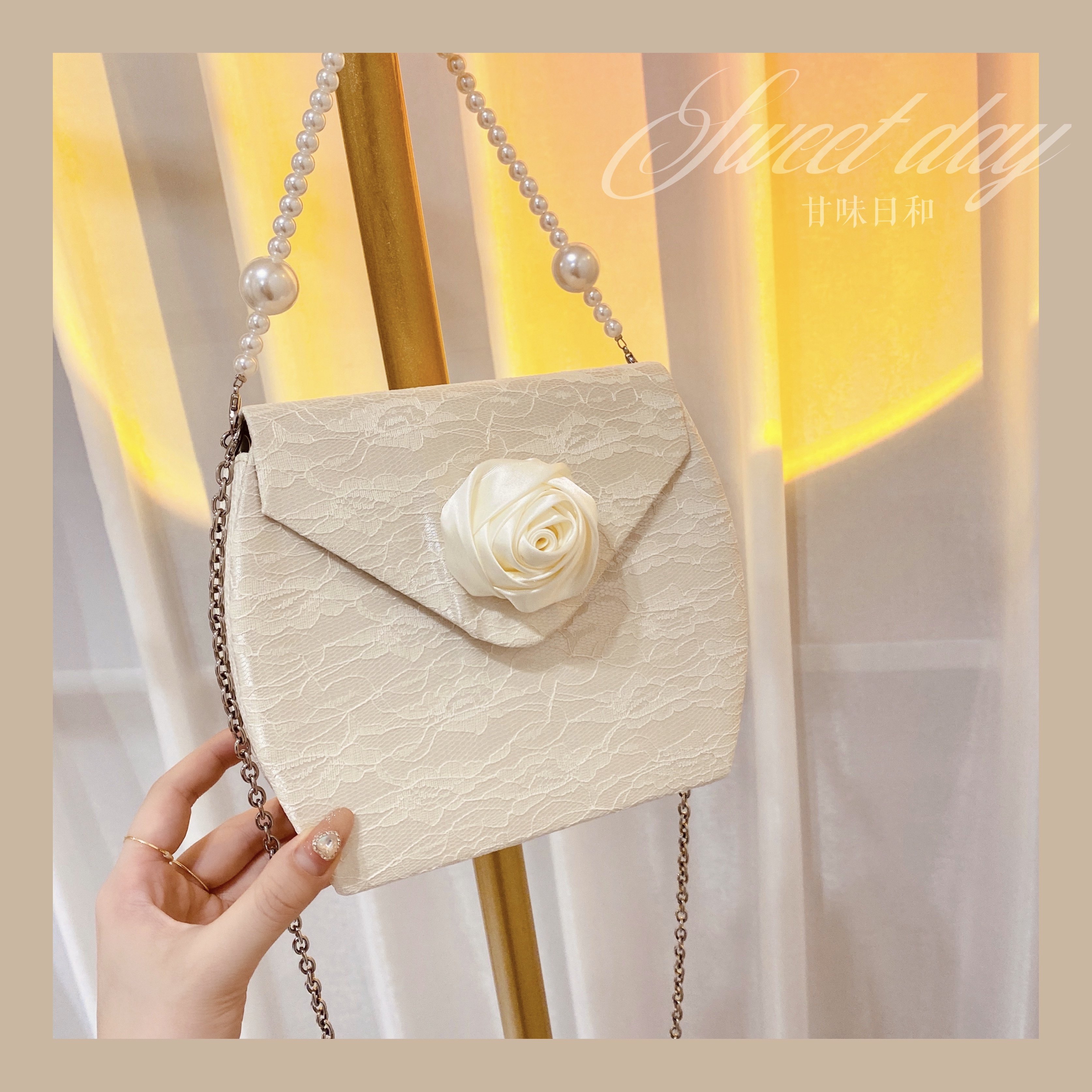 甘味日和复古蕾丝花朵包玫瑰花仙女包珍珠链条手提斜跨包小方包女