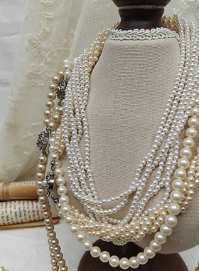 老款花头仿珍珠多层项链 中古vintage米白珠欧美气质百搭优雅