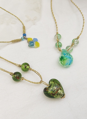 穆拉若琉璃串珠项链  Vintage中古老琉璃爱心珠子清新绳链