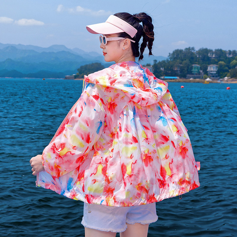 防晒衣女短款夏季长袖印花连帽薄短外套