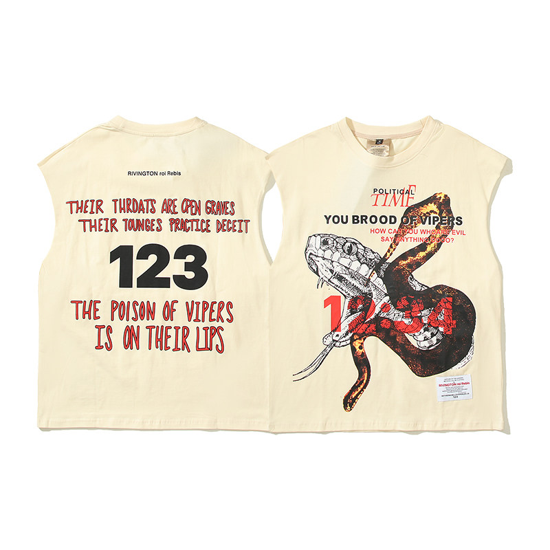 RRR123 하이 스트리트 스포츠 농구 캐주얼 루즈한 파이썬 프린트 양복 조끼 민소매 티셔츠 유럽과 미국의 편지 조끼 여름
