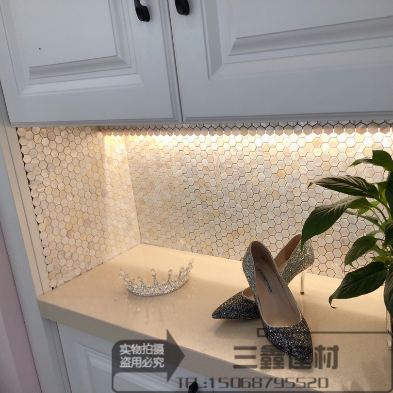 六边形菱形天然贝壳马赛克瓷砖密拼背景墙玄关欧式客厅卫生间纯白