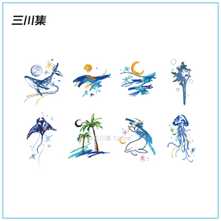 手脸防水持久女锁骨海边度假 彩色纹身贴 蓝色海洋元 素鲸鱼迷你版