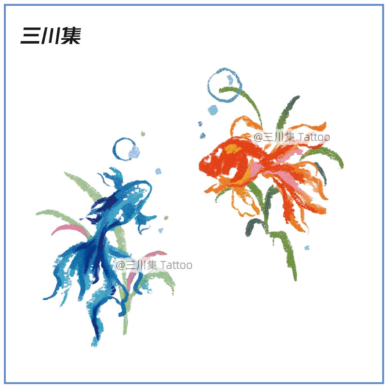 一对灵动的金鱼纹身贴蜡笔油画棒手绘感手臂贴纸防水持久女纹身贴,彩妆/香水/美妆工具,身体彩妆,淘宝优惠券,粉丝福利购,淘宝优惠卷