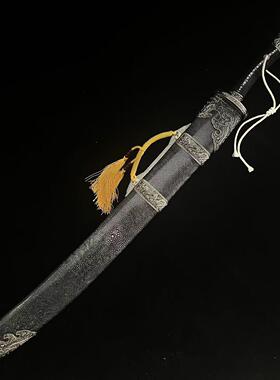 【双龙牛尾大刀】鱼皮鞘白铜精雕开双槽牛尾刀 未开刃