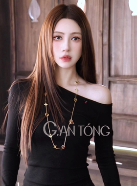 Gyantong郭彦彤琥珀流光弹力针织斜肩上衣长袖显瘦气质DD1220