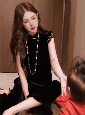 G.yantong设计感真丝丝绒轻高级国风蕾丝短袖时尚黑色上衣女DDL92