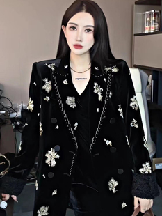 外套WT348 GYANTONG郭彦彤手工刺绣高奢钉珠夹棉爆款 黑丝绒西装