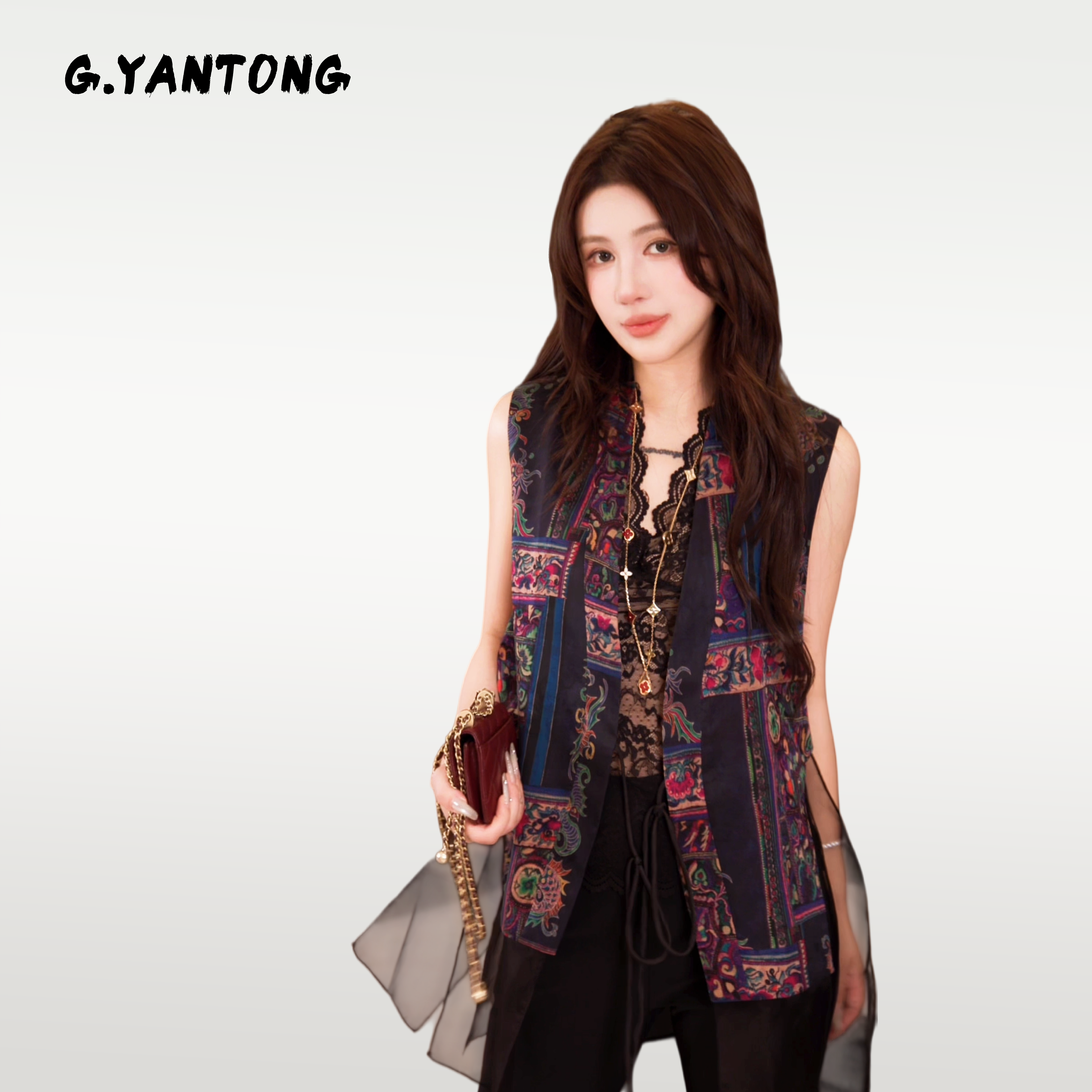 郭彦彤轻奢拼接中式民族风立体刺绣马甲外套女无袖显瘦侧盘扣1057