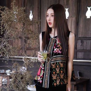 G.yantong郭彦彤真丝丝绒重工刺绣新中式 显瘦MJ1011 马甲无袖