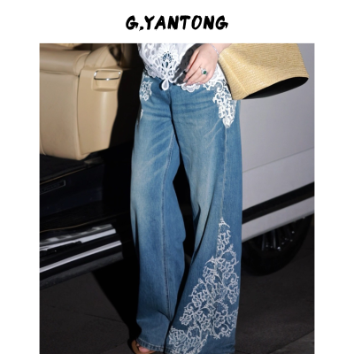 高腰显瘦百搭蕾丝牛仔直筒女裤