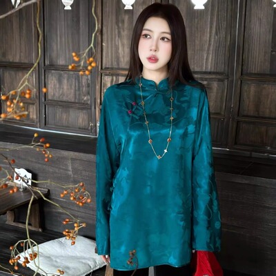 新中式相思红豆人丝提花上衣