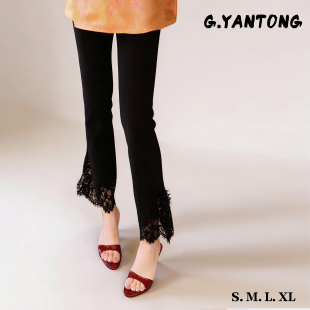 郭彦彤微喇九分裤 女153 黑色休闲显瘦高弹蕾丝春夏小个子微喇叭裤