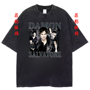 美剧Damon T恤印花圆领潮牌男女上衣 Salvatore复古水洗黑做旧短袖