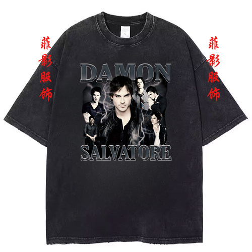 美剧Damon Salvatore复古水洗黑做旧短袖T恤印花圆领潮牌男女上衣