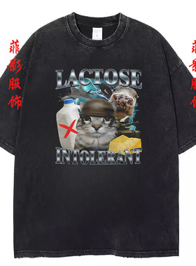 欧美潮牌滑稽搞笑男女百搭休闲印花复古水洗黑做旧短袖T恤上衣
