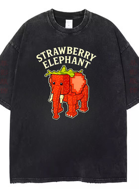 欧美有趣搞笑滑稽Strawberry Elephant复古水洗黑做旧短袖t恤上衣