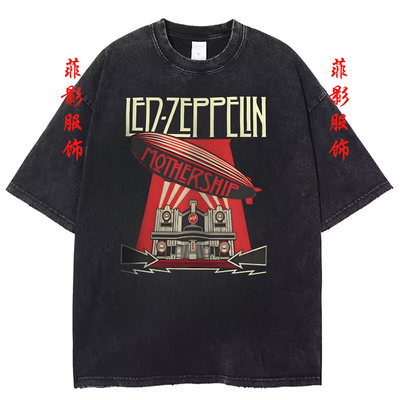 摇滚乐队Led Zeppelin复古水洗黑做旧短袖T恤男女印花圆领上衣