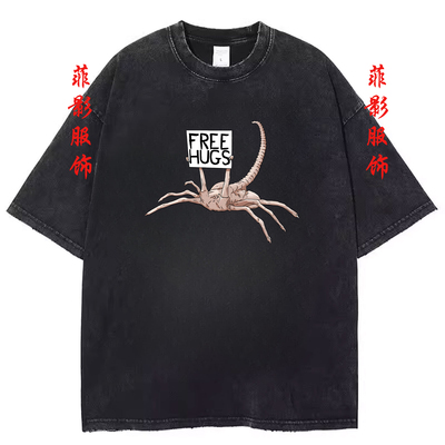 欧美搞笑创意滑稽face hugger印花圆领水洗黑复古做旧短袖t恤上衣