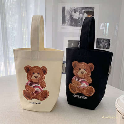 ins风简约设计感小书包mini小熊手提帆布包遛弯包很随意的包拎袋