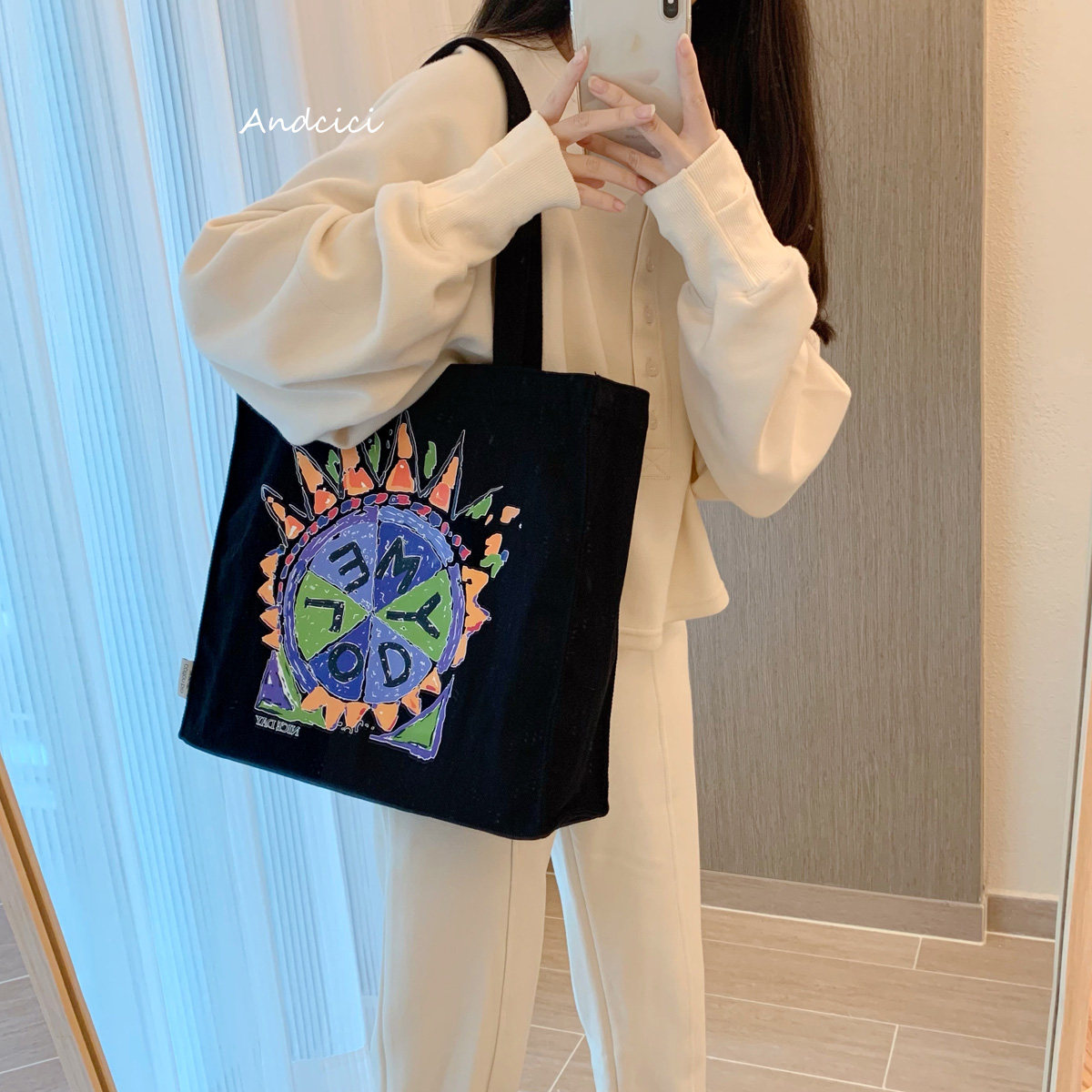 京都画馆MELODY设计感带拉链的帆布包袋单肩大容量学生书包托特包图片