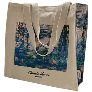 莫奈睡莲油画复古拉链帆布包男女单肩包通勤大容量购物袋学生书包