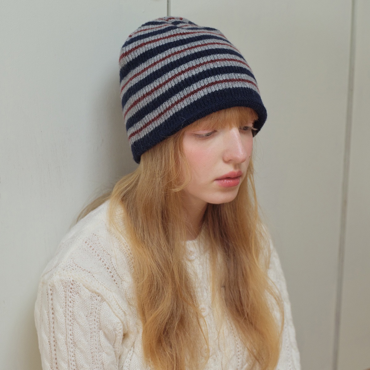 复古撞色条纹含羊毛冷帽针织百搭