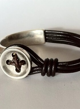 波西米亚复古vtg纽扣手环镯皮绳