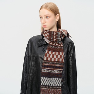 BKP「费尔岛」经典 复古提花日系50%羊毛混纺毛边针织围巾保暖女冬