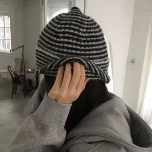 BKP 韩系复古时髦秋冬卷边护耳毛线帽条纹极简冷帽女 氛围感百搭