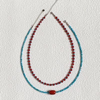 新中式复古红蓝串珠锁骨链叠戴