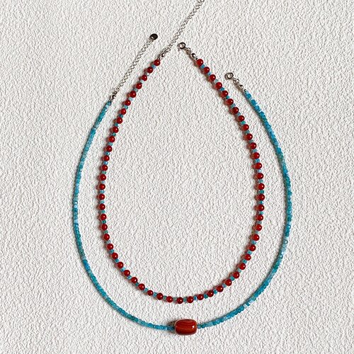 新中式复古红蓝串珠锁骨链叠戴